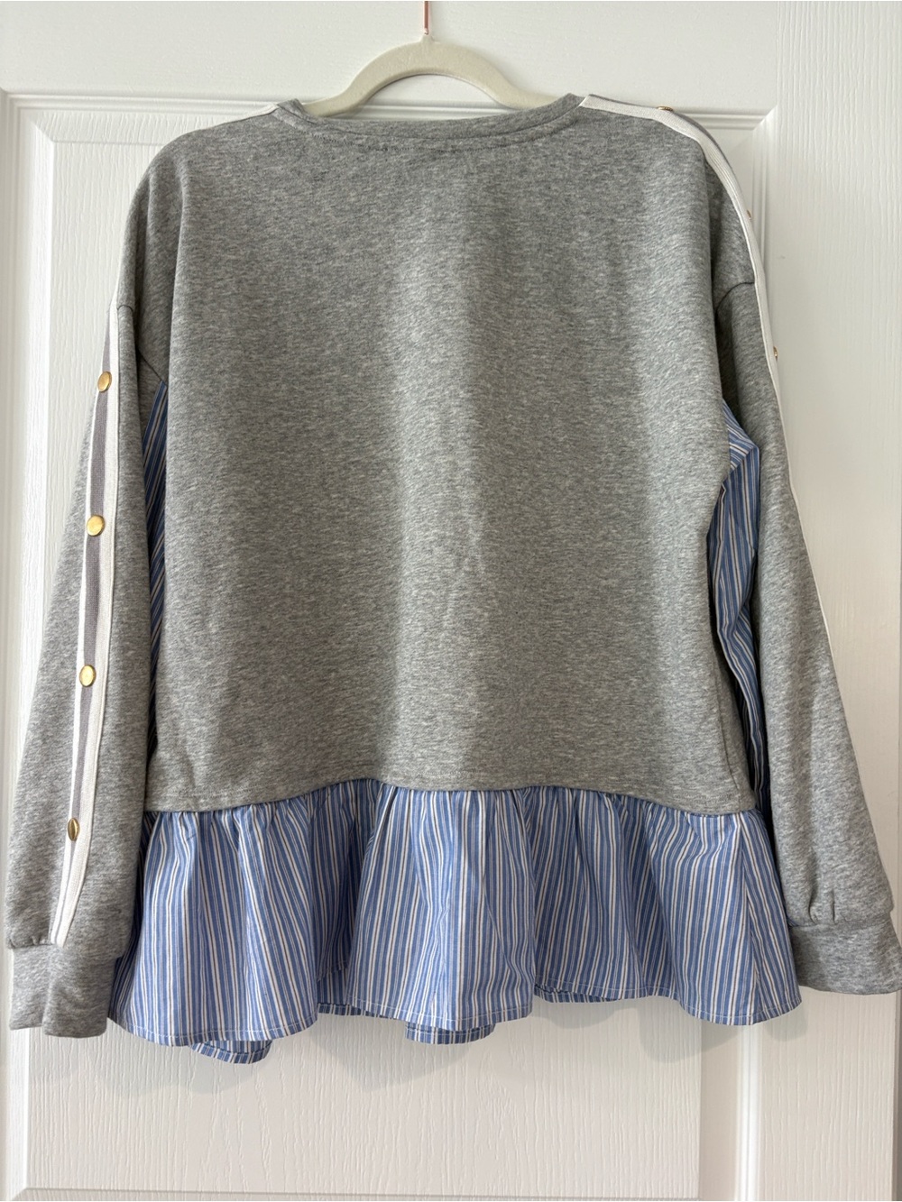 Maeve Grey Pullover with Blue Stripe Ruffle Hem - Picture 4 of 5